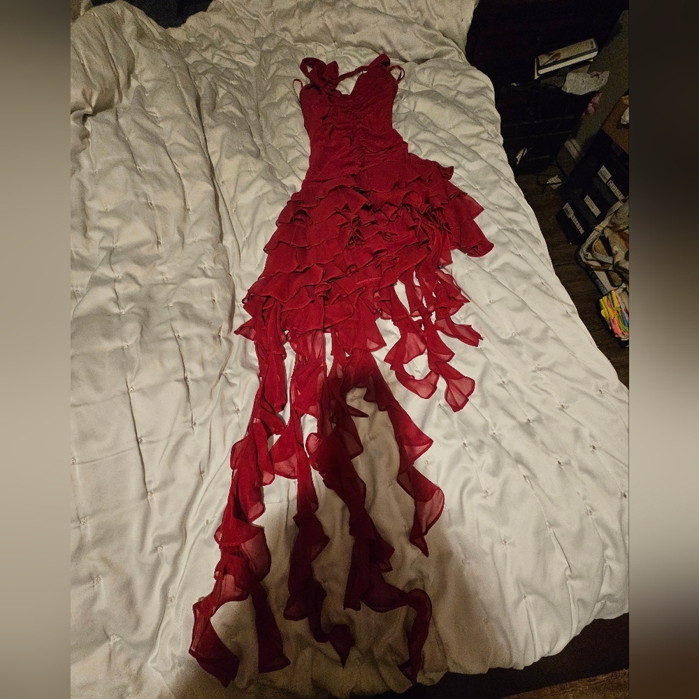 BCBG silk Asymmetrical Cascading Ruffles  Red Dress